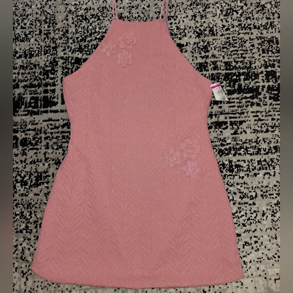 NWT LIKELY 14P Mauve Floral Argyle Crochet Halter Mini Dress | Cottagecore - Picture 4 of 13